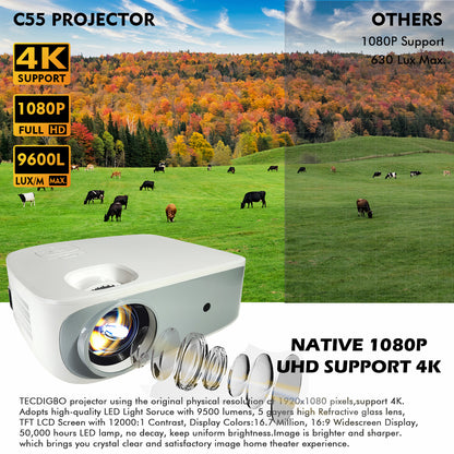 4K True 1080P High-definition Projector C55 White US - 9500 lumens