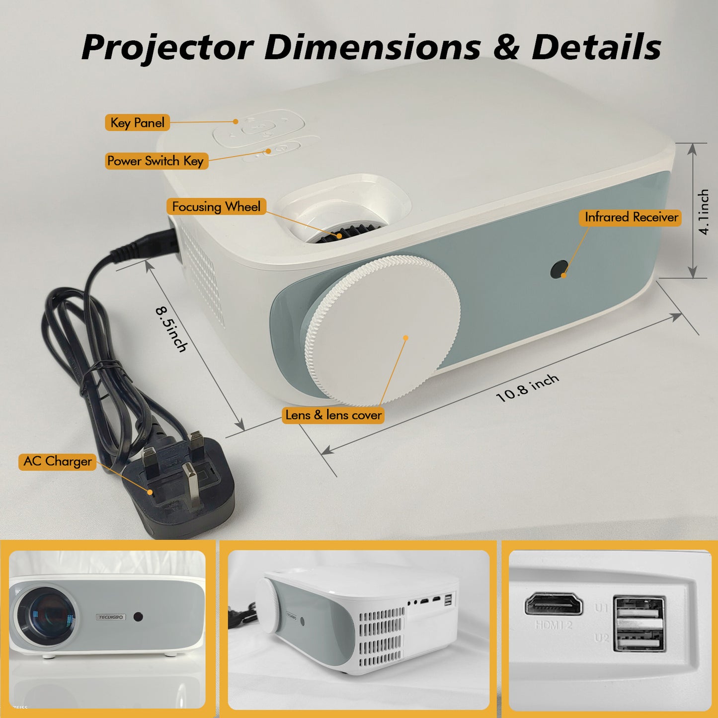 4K True 1080P High-definition Projector C55 White US - 9500 lumens